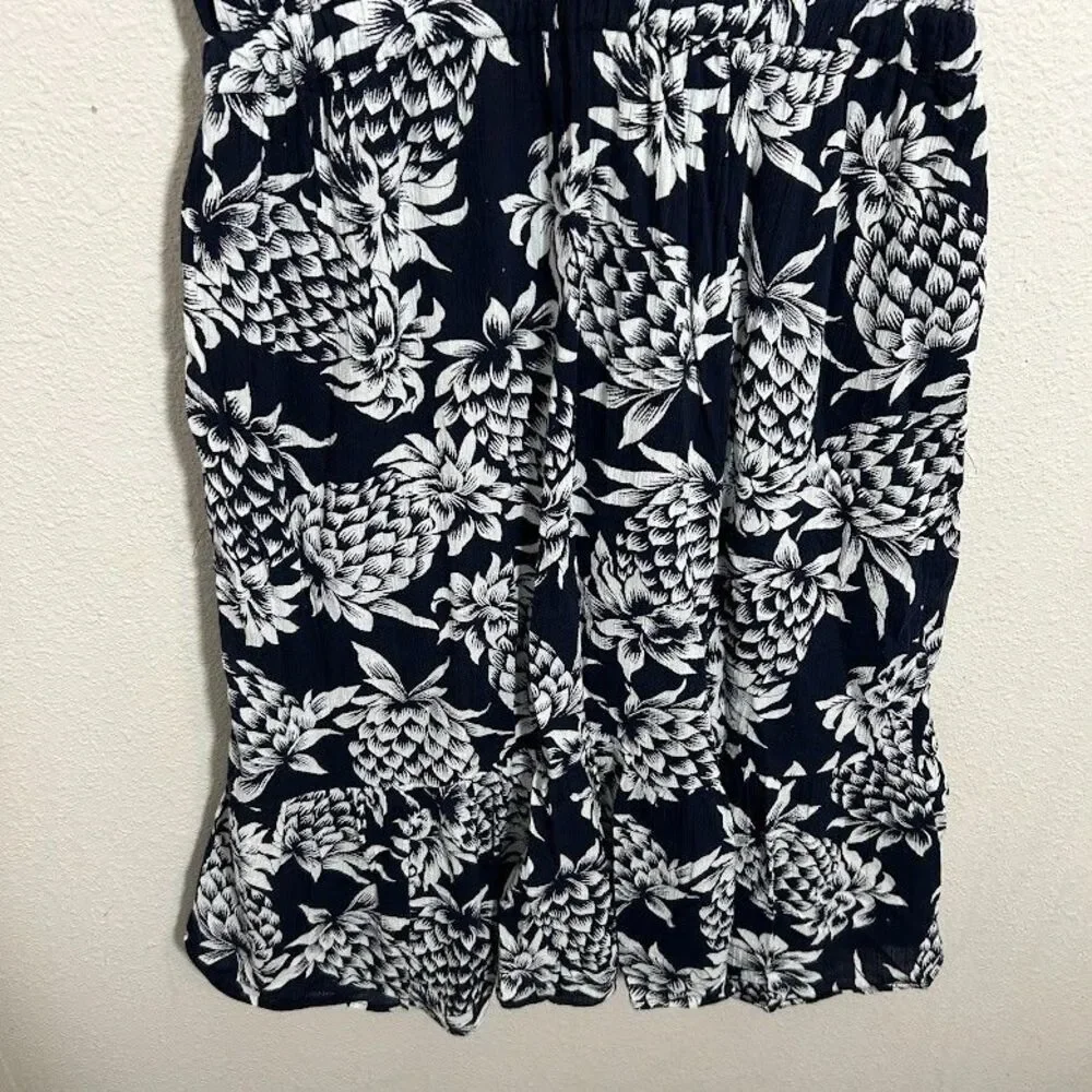 J.Crew Pineapple Print Cotton Midi Dress 6 Navy Blue Tiered Ruffle Vacation